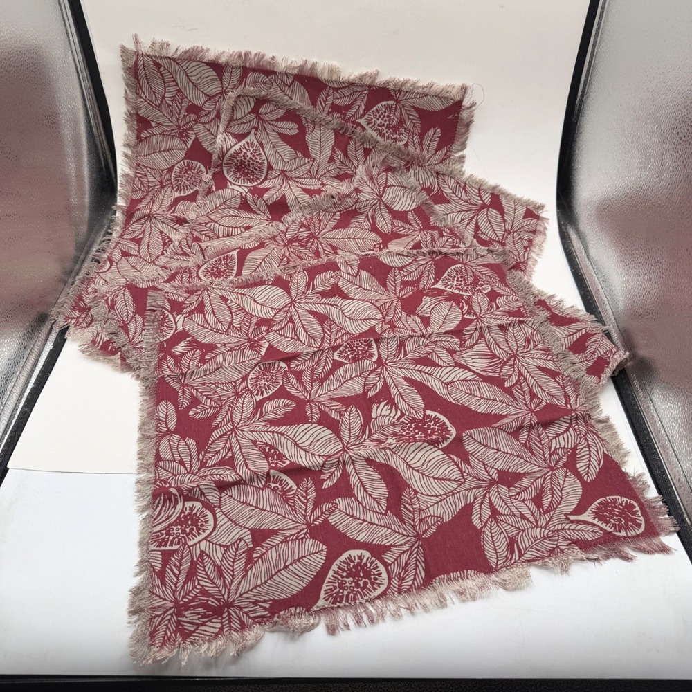 Raine & Humble Fig Tree Print Cloth Napkins Burgundy Tan Frayed Edge Set of 4